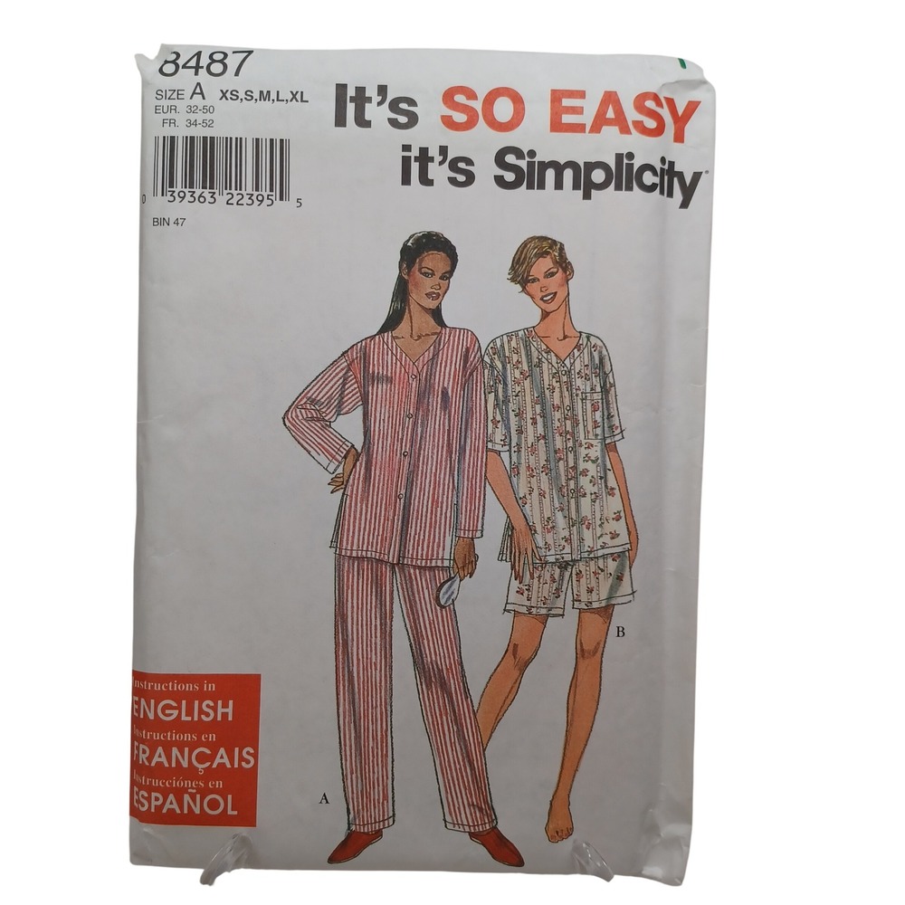 Simplicity 8487 Misses Pajamas Sewing Pattern XS-XL Top Pants Shorts 90s Vintage